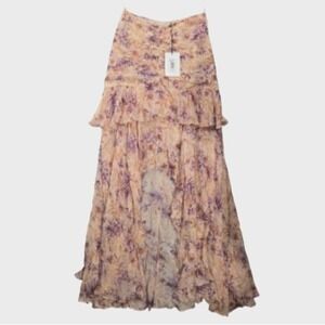 Amur SIlk Floral Ruched Tiered High-Low Maxi Skirt Pink 4 Boho Feminine NWT